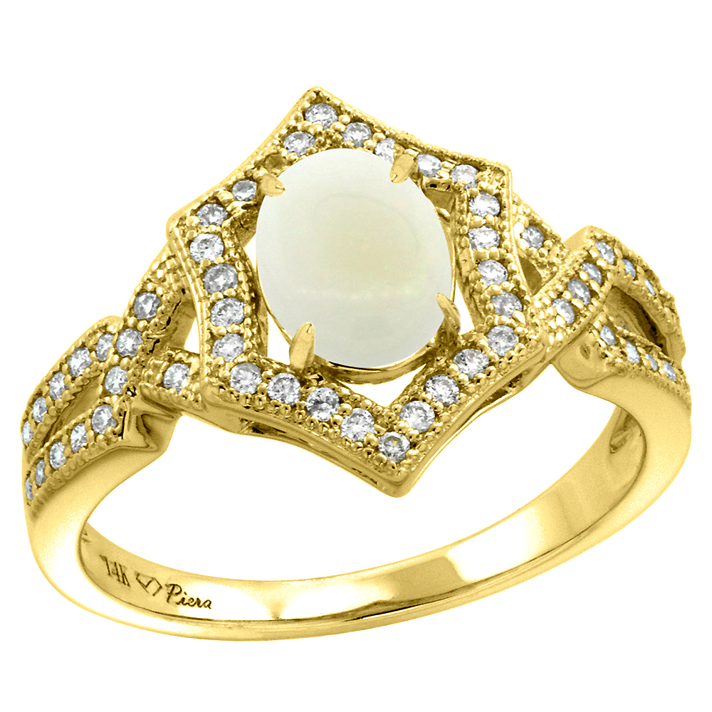 14k Yellow Gold Diamond Halo Genuine Opal Engagement Ring Hexagonal Oval 8x6mm, size 5-10