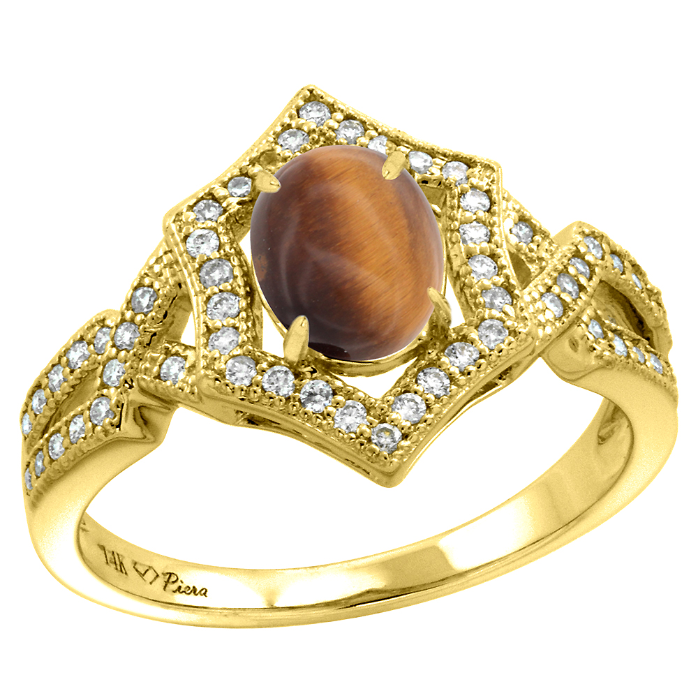 14k Yellow Gold Diamond Halo Genuine Tiger Eye Engagement Ring Hexagonal Oval 8x6mm, size 5-10