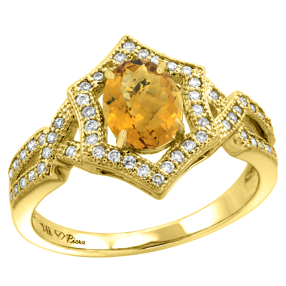 14k Yellow Gold Diamond Halo Genuine Whisky Quartz Engagement Ring Hexagonal Oval 8x6mm, size 5-10