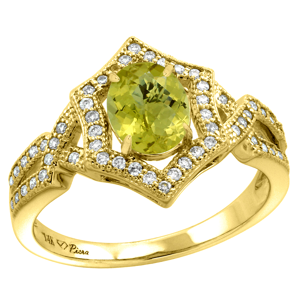 14k Yellow Gold Diamond Halo Genuine Lemon Quartz Engagement Ring Hexagonal Oval 8x6mm, size 5-10