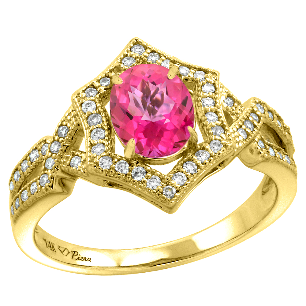 14k Yellow Gold Diamond Halo Genuine Pink Sapphire Engagement Ring Hexagonal Oval 8x6mm, size 5-10