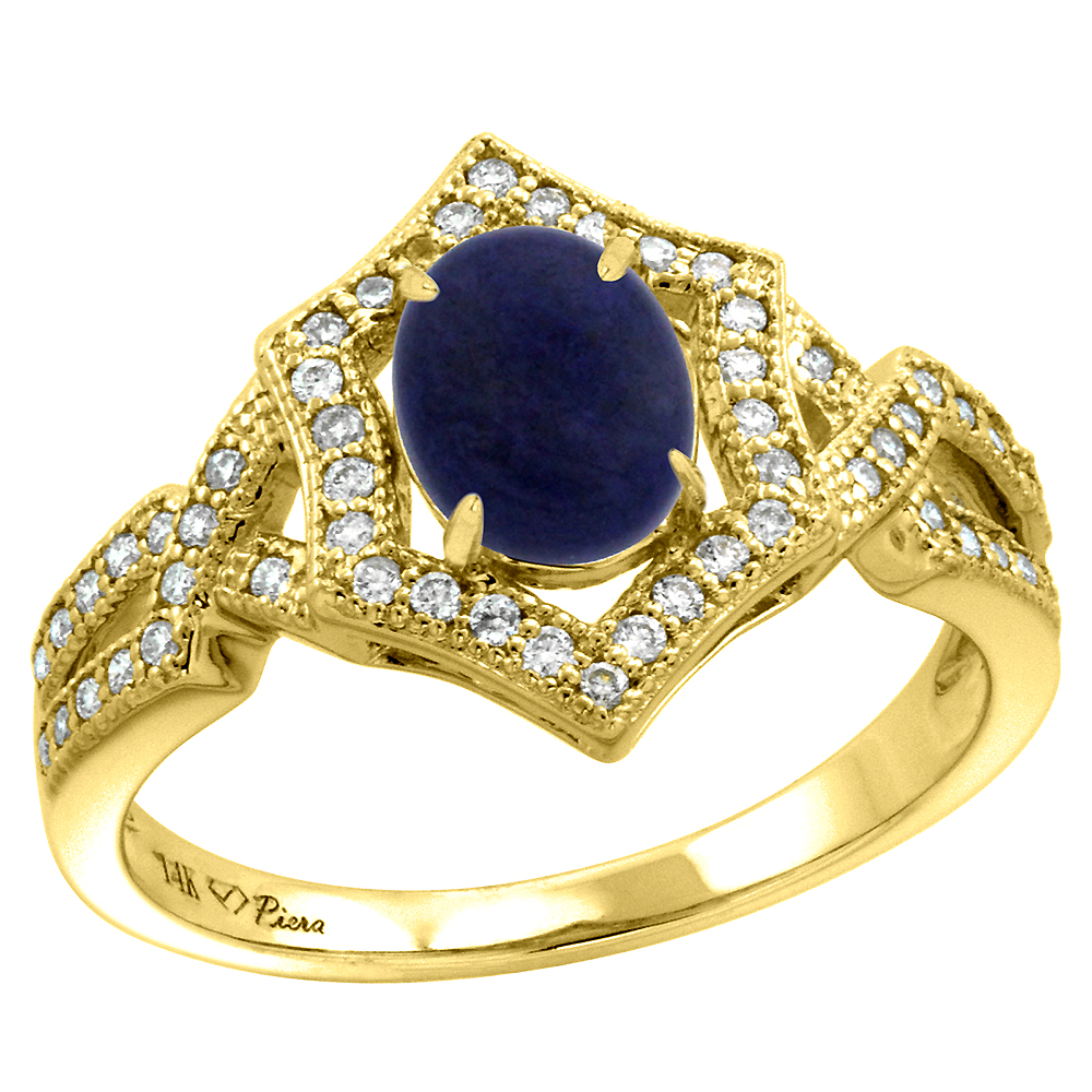 14k Yellow Gold Diamond Halo Genuine Lapis Lazuli Engagement Ring Hexagonal Oval 8x6mm, size 5-10