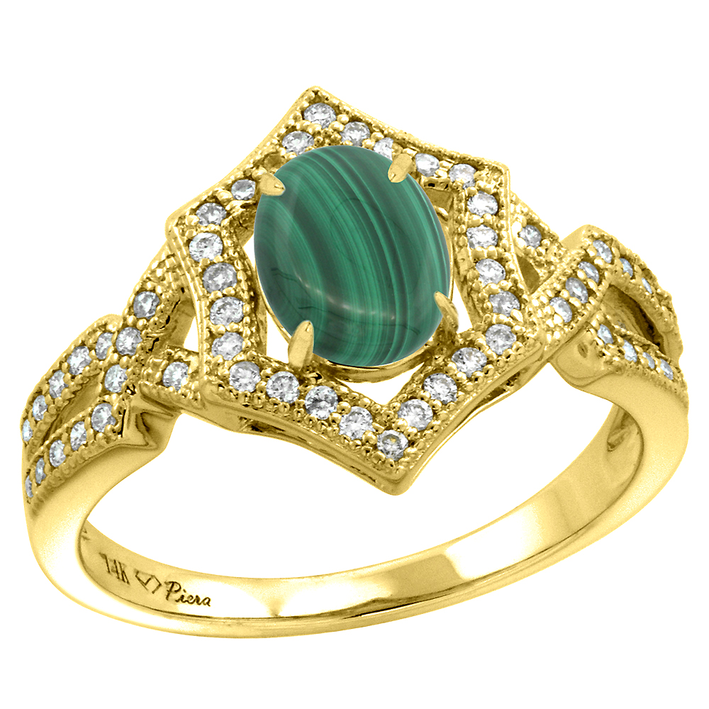 14k Yellow Gold Diamond Halo Genuine Malachite Engagement Ring Hexagonal Oval 8x6mm, size 5-10