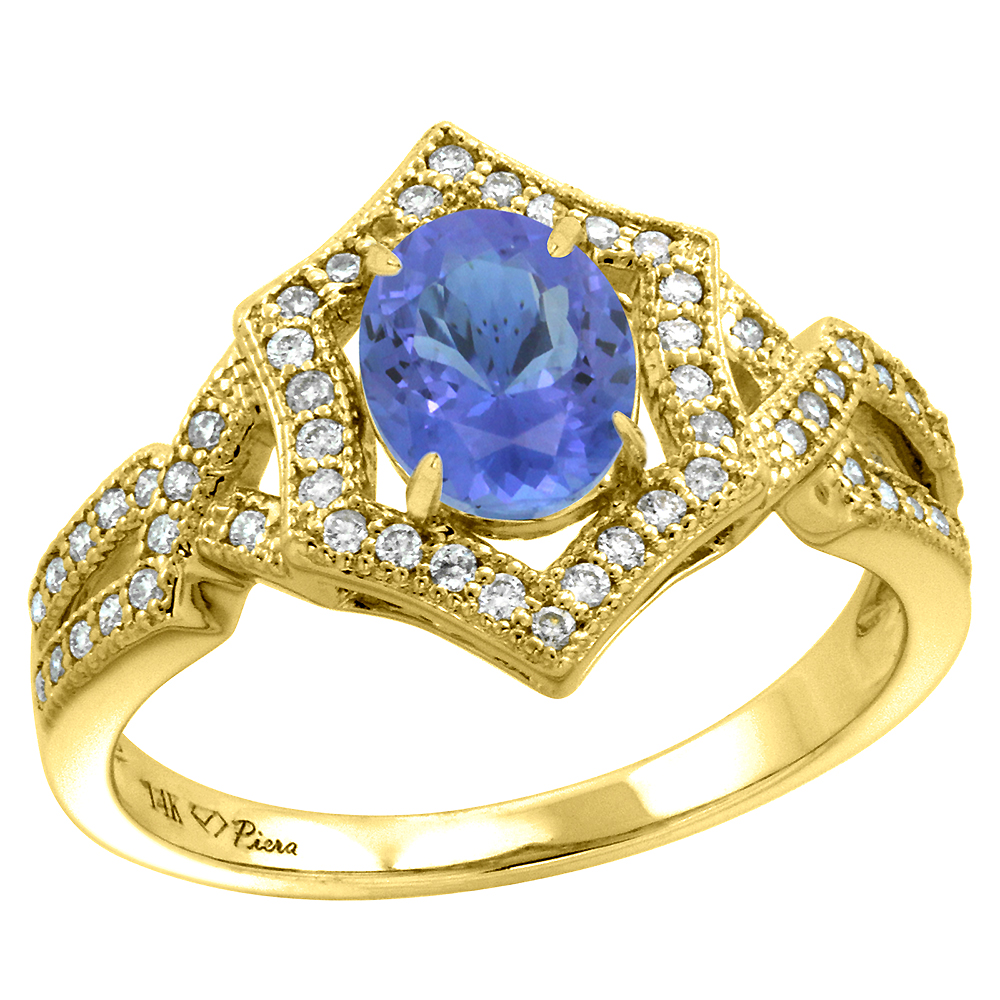 14k Yellow Gold Diamond Halo Genuine Tanzanite Engagement Ring Hexagonal Oval 8x6mm, size 5-10