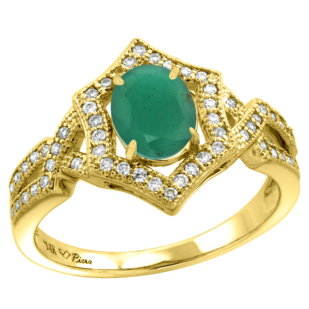 14k Yellow Gold Diamond Halo Genuine Cabochon Emerald Engagement Ring Hexagonal Oval 8x6mm, size5-10