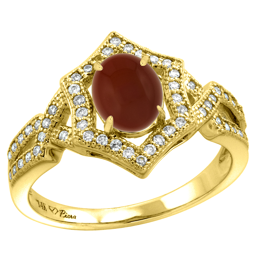 14k Yellow Gold Diamond Halo Genuine Brown Agate Engagement Ring Hexagonal Oval 8x6mm, size 5-10