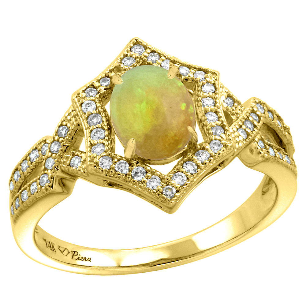 14k Yellow Gold Diamond Halo Genuine Ethiopian Opal Engagement Ring Hexagonal Oval 8x6mm, size 5-10