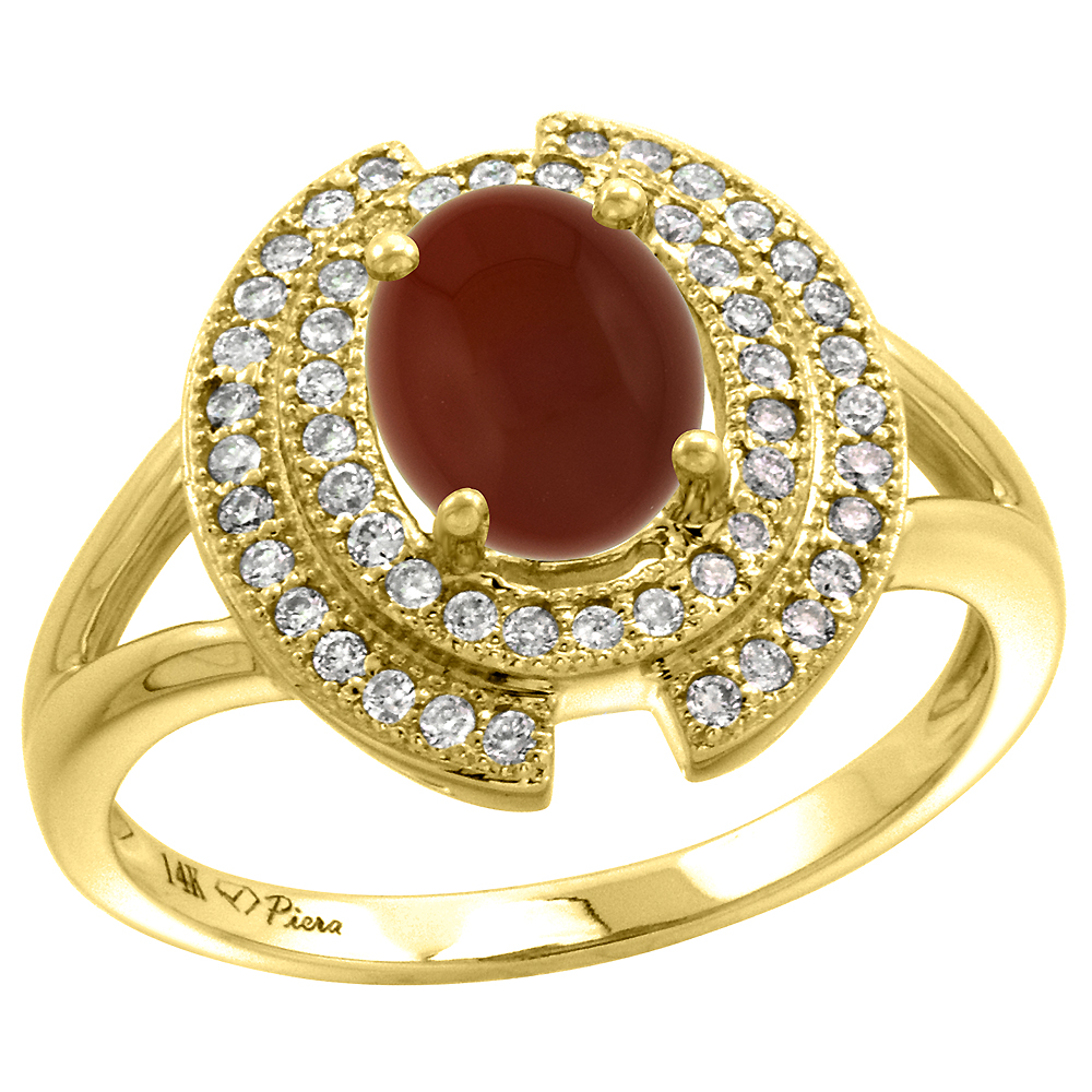 14k Yellow Gold Diamond Halo Genuine Brown Agate Engagement Ring Oval 8x6mm, size 5-10