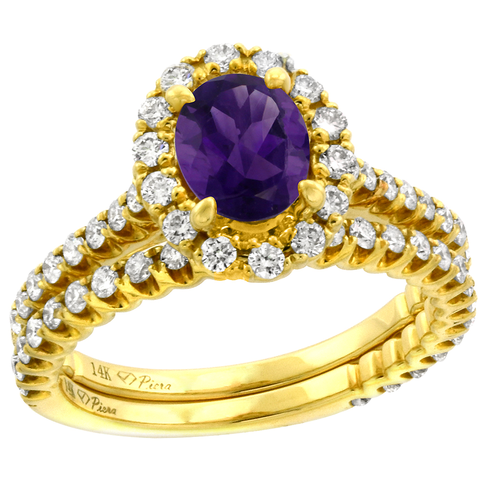 14k Yellow Gold Diamond Genuine Amethyst Halo Engagement Ring Set 2 Piece Oval 7x5mm, size 5-10