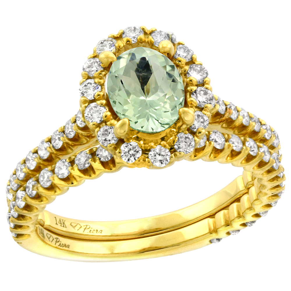 14k Yellow Gold Diamond Genuine Green Amethyst Halo Engagement Ring Set 2 Piece Oval 7x5mm, size 5-10