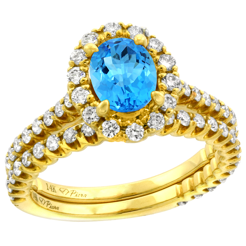 14k Yellow Gold Diamond Genuine Swiss Blue Topaz Halo Engagement Ring Set 2 Piece Oval 7x5mm, size 5-10