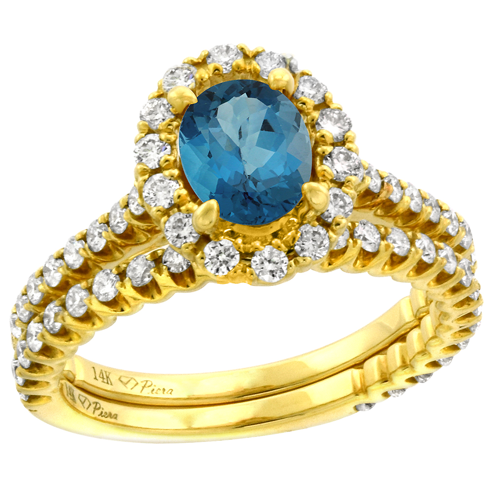 14k Yellow Gold Diamond Genuine London Blue Topaz Halo Engagement Ring Set 2 Piece Oval 7x5mm, size 5-10