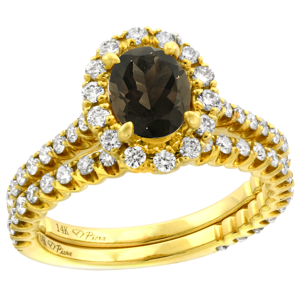 14k Yellow Gold Diamond Genuine Smoky Topaz Halo Engagement Ring Set 2 Piece Oval 7x5mm, size 5-10