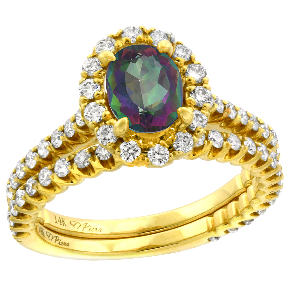 14k Yellow Gold Diamond Genuine Mystic Topaz Halo Engagement Ring Set 2 Piece Oval 7x5mm, size 5-10