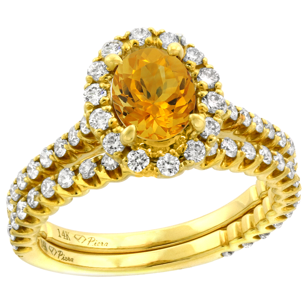 14k Yellow Gold Diamond Genuine Citrine Halo Engagement Ring Set 2 Piece Oval 7x5mm, size 5-10