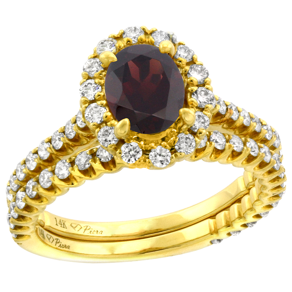 14k Yellow Gold Diamond Genuine Garnet Halo Engagement Ring Set 2 Piece Oval 7x5mm, size 5-10