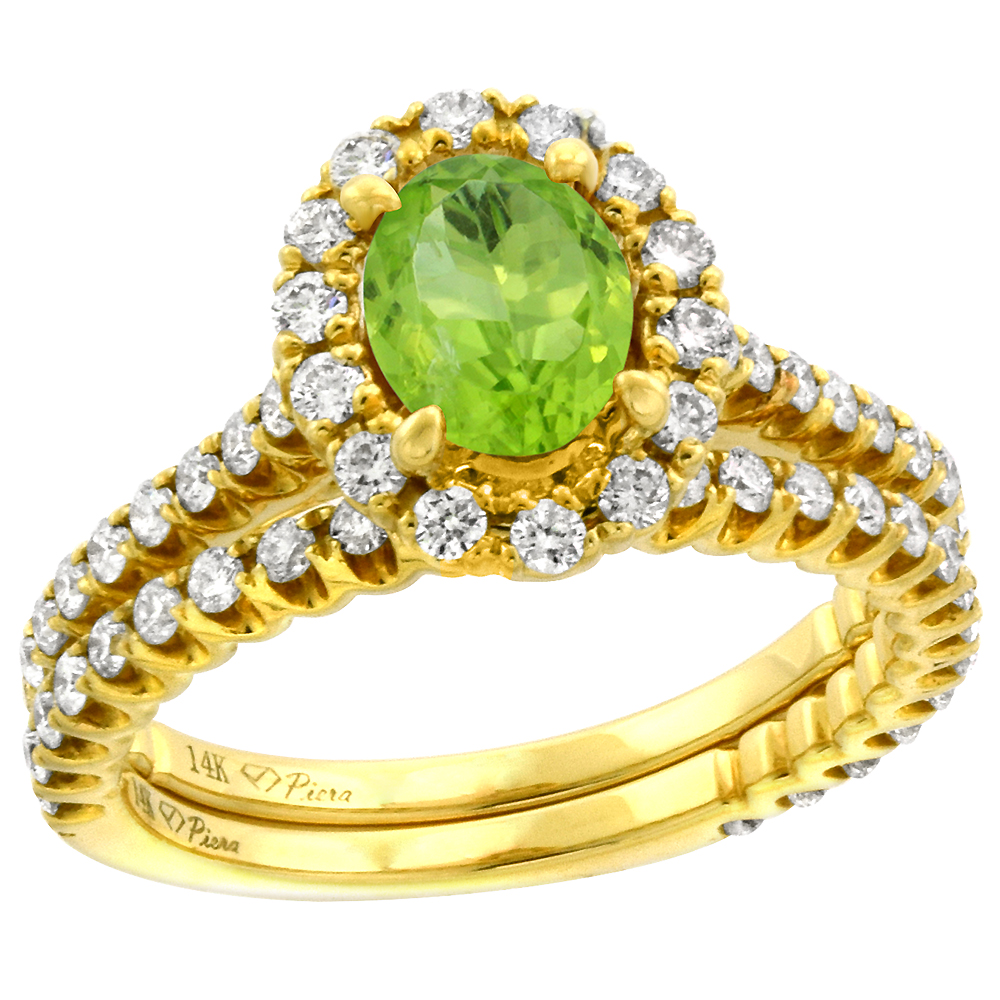 14k Yellow Gold Diamond Genuine Peridot Halo Engagement Ring Set 2 Piece Oval 7x5mm, size 5-10