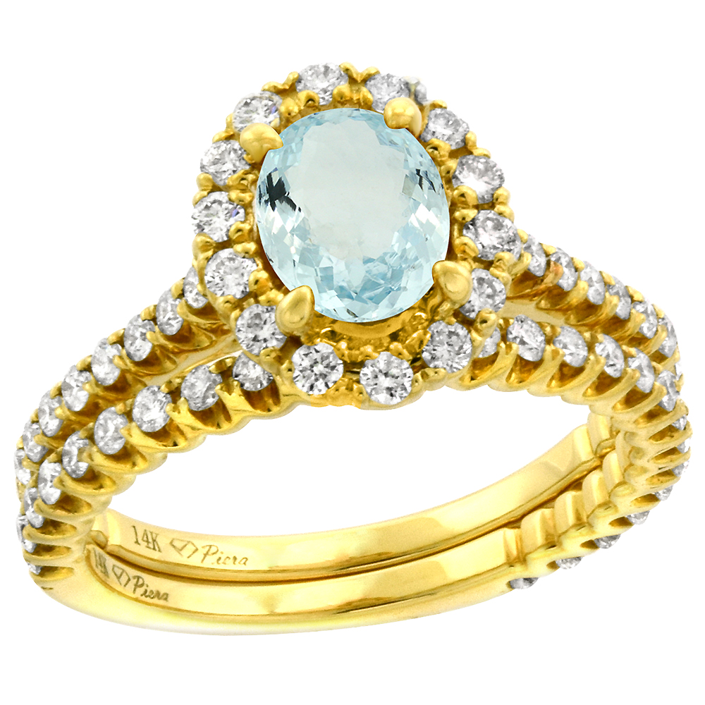 14k Yellow Gold Diamond Genuine Aquamarine Halo Engagement Ring Set 2 Piece Oval 7x5mm, size 5-10