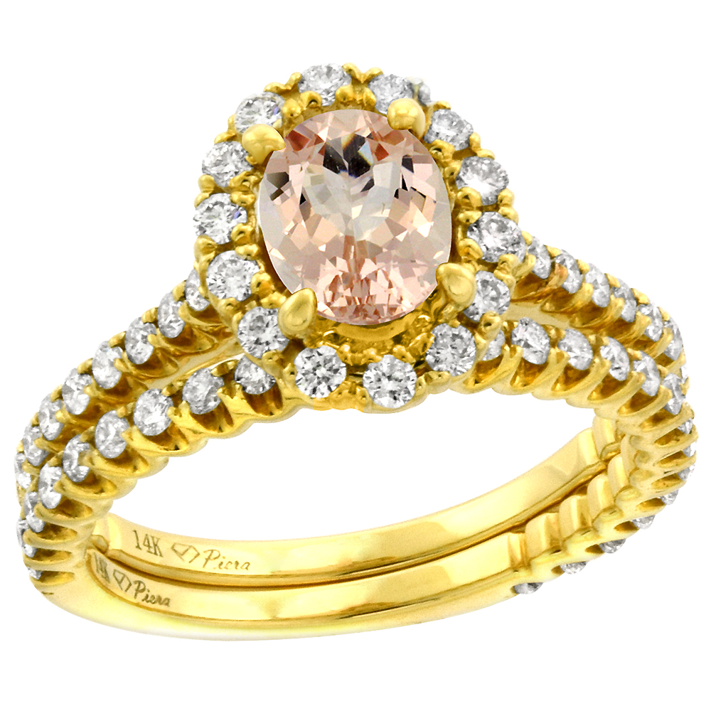 14k Yellow Gold Diamond Genuine Morganite Halo Engagement Ring Set 2 Piece Oval 7x5mm, size 5-10
