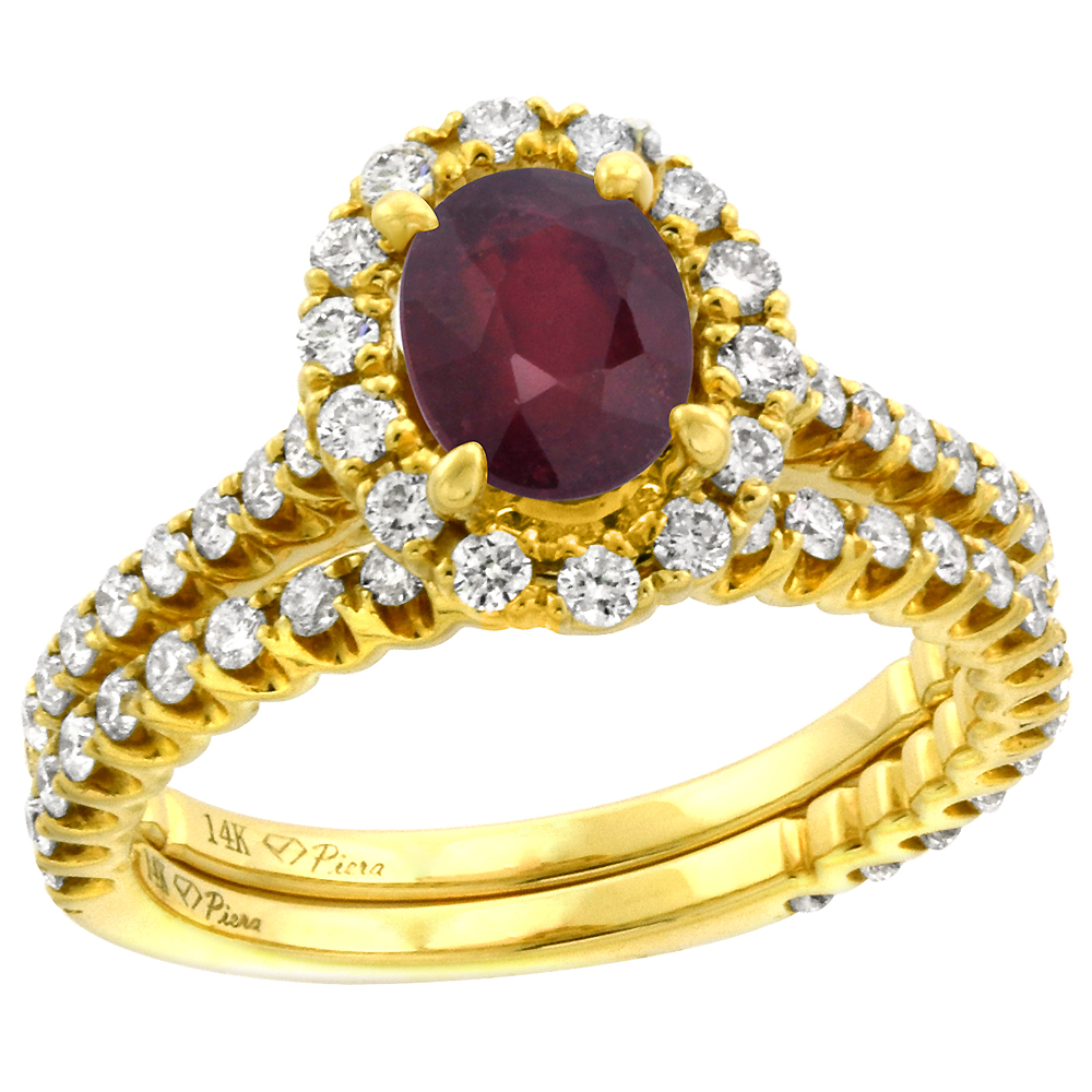 14k Yellow Gold Diamond Enhanced Genuine Ruby Halo Engagement Ring Set 2 Piece Oval 7x5mm, size 5-10