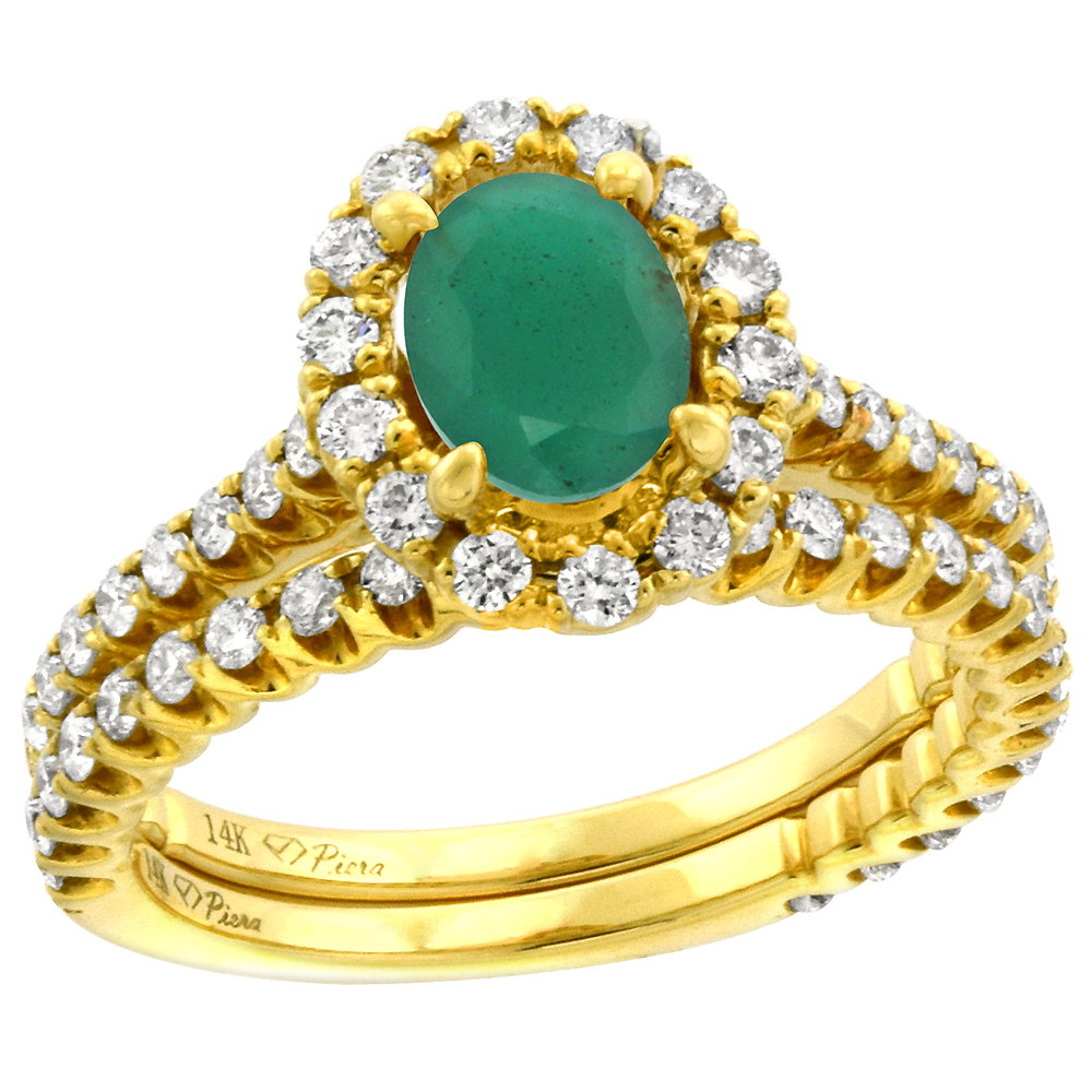 14k Yellow Gold Diamond Genuine Emerald Halo Engagement Ring Set 2 Piece Oval 7x5mm, size 5-10