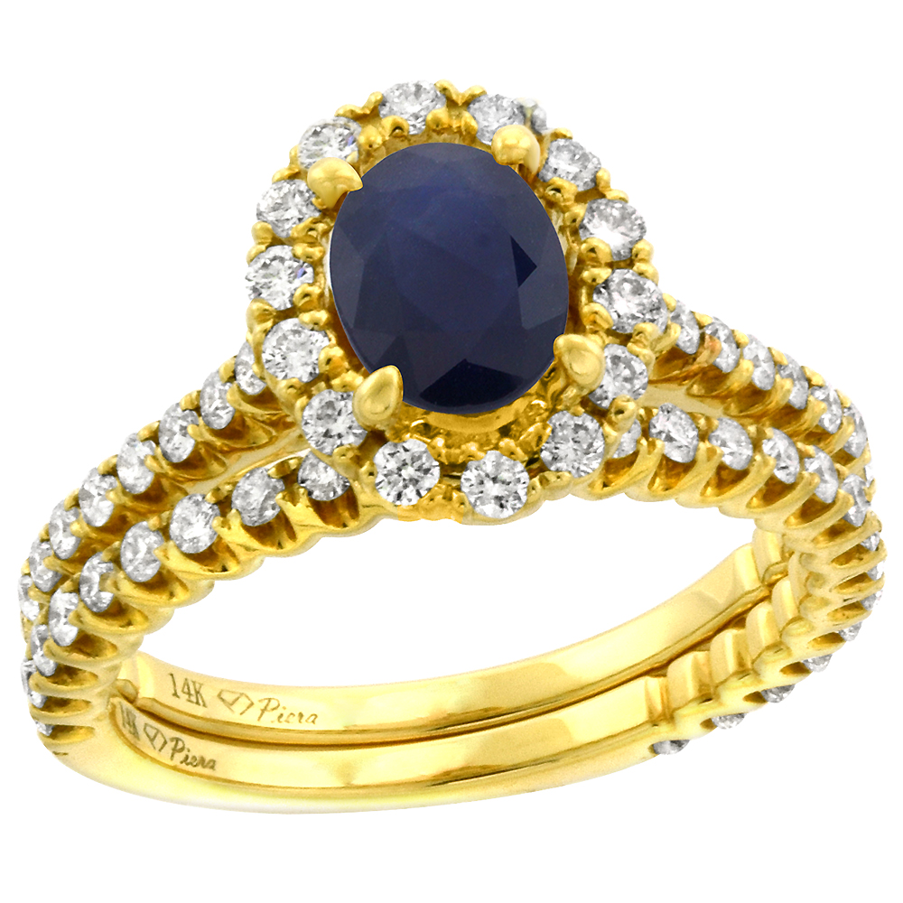 14k Yellow Gold Diamond Genuine Blue Sapphire Halo Engagement Ring Set 2 Piece Oval 7x5mm, size 5-10