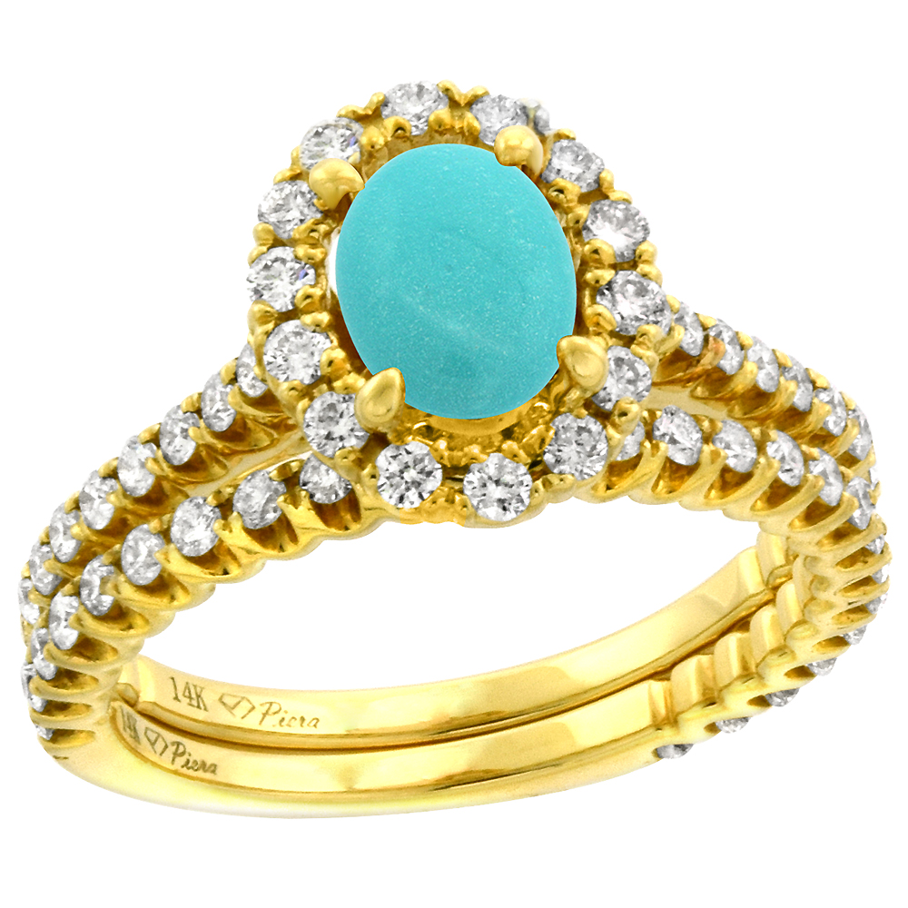 14k Yellow Gold Diamond Genuine Turquoise Halo Engagement Ring Set 2 Piece Oval 7x5mm, size 5-10