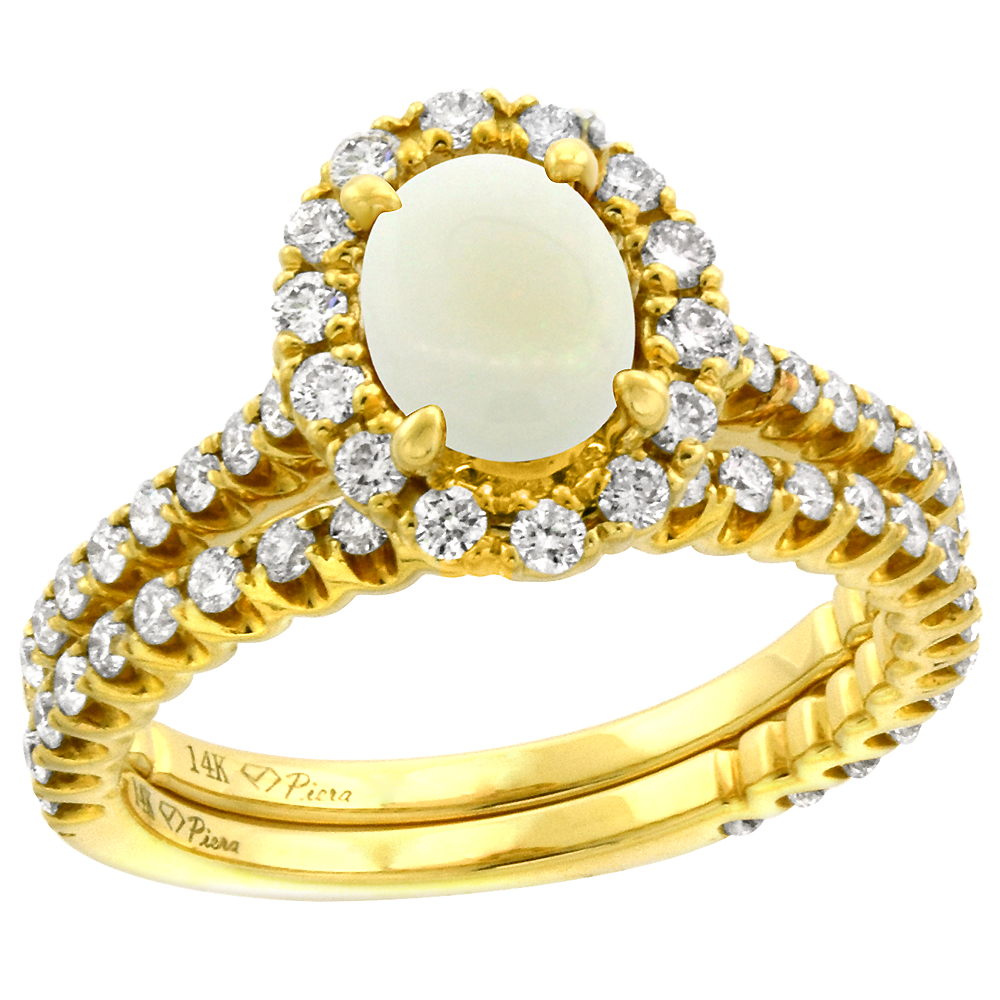 14k Yellow Gold Diamond Genuine Opal Halo Engagement Ring Set 2 Piece Oval 7x5mm, size 5-10