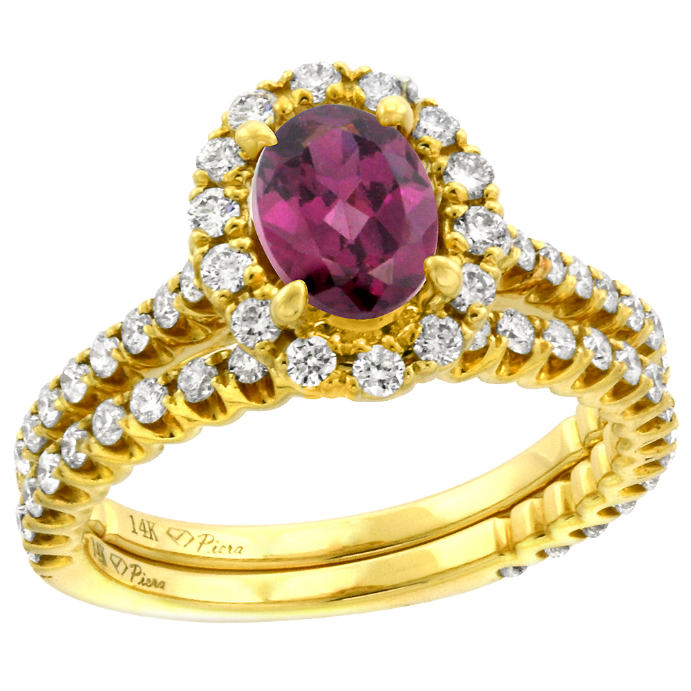14k Yellow Gold Diamond Genuine Rhodolite Garnet Halo Engagement Ring Set 2 Piece Oval 7x5mm, size 5-10