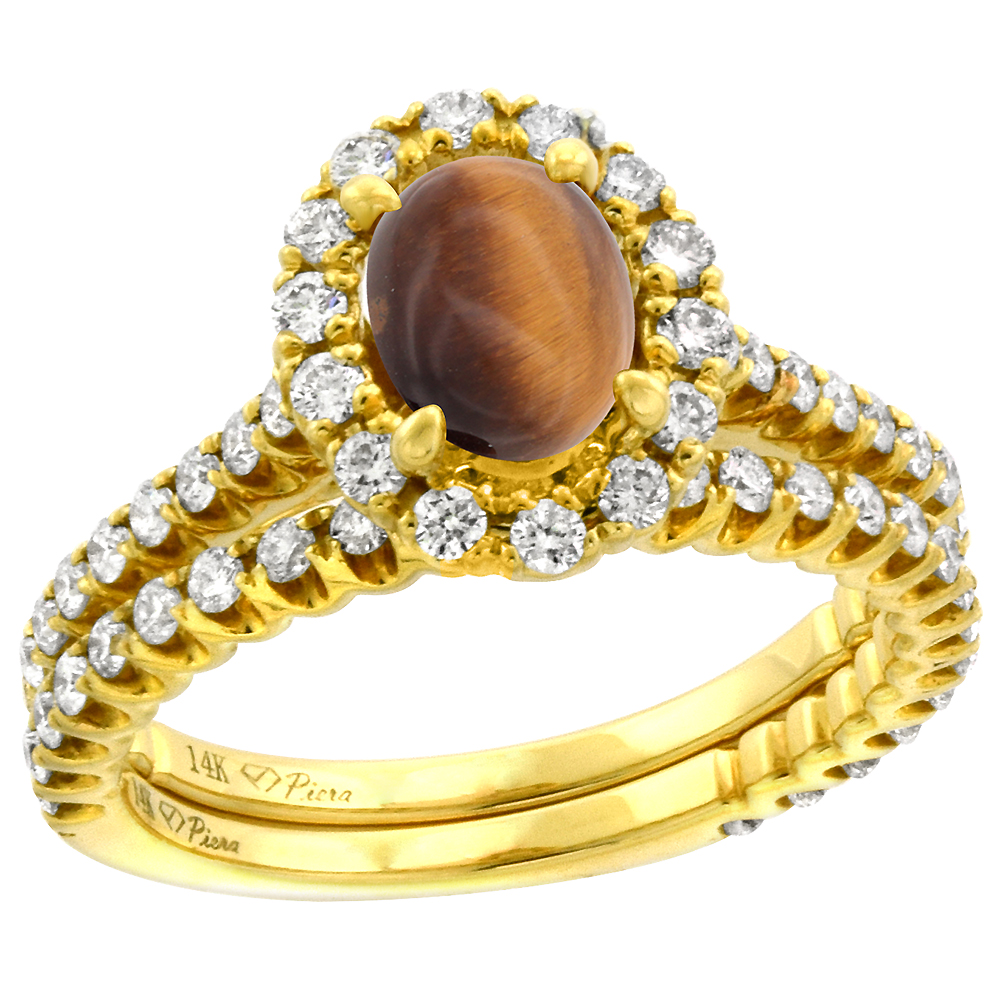 14k Yellow Gold Diamond Genuine Tiger Eye Halo Engagement Ring Set 2 Piece Oval 7x5mm, size 5-10