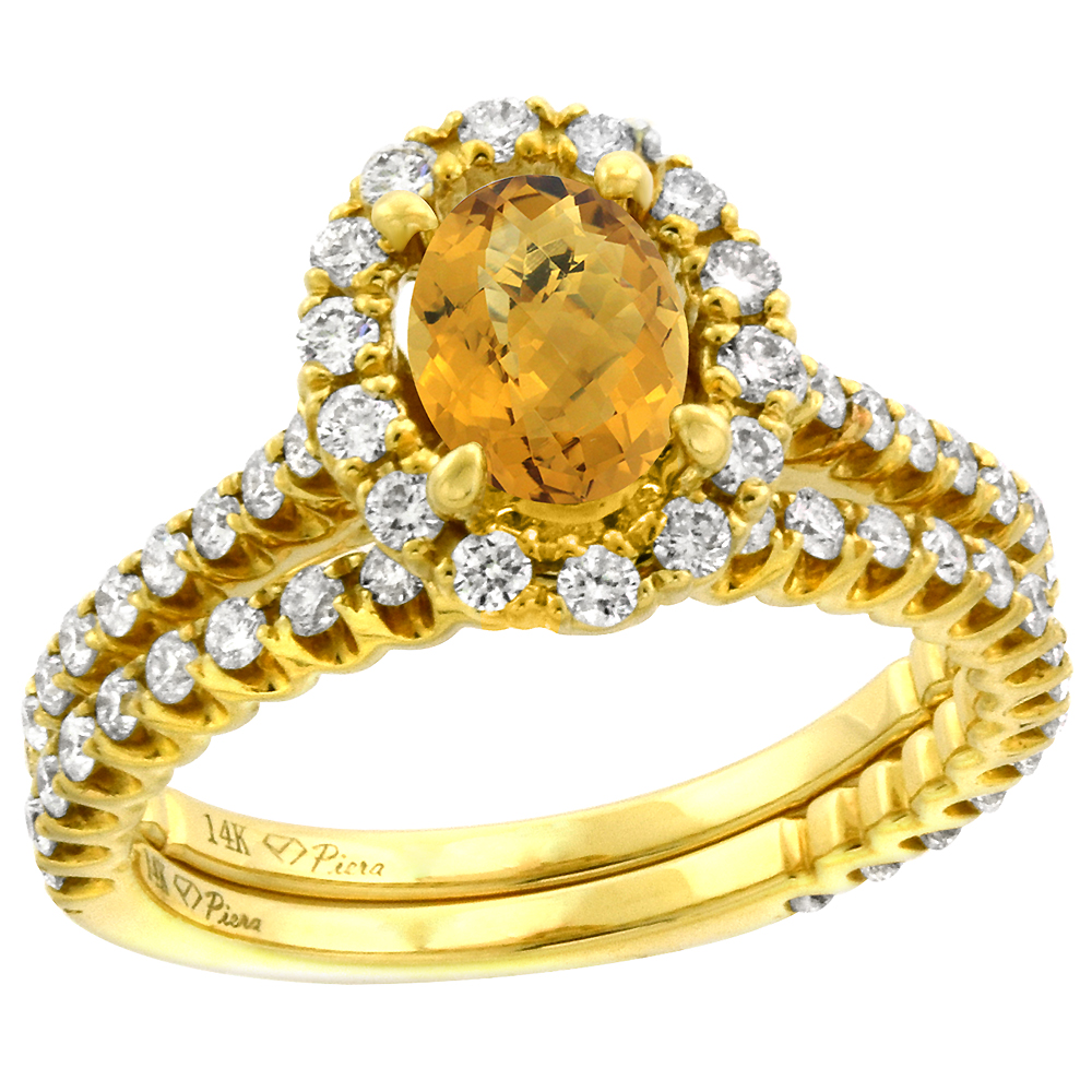 14k Yellow Gold Diamond Genuine Whisky Quartz Halo Engagement Ring Set 2 Piece Oval 7x5mm, size 5-10