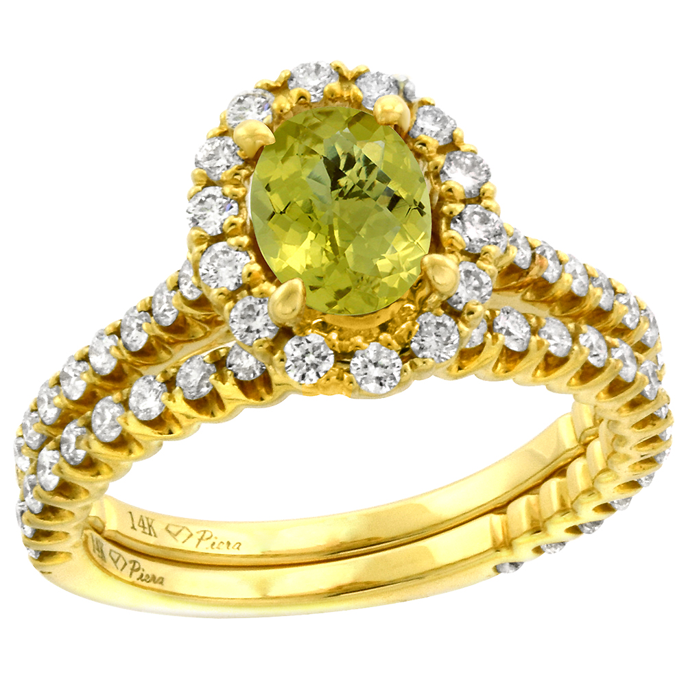 14k Yellow Gold Diamond Genuine Lemon Quartz Halo Engagement Ring Set 2 Piece Oval 7x5mm, size 5-10