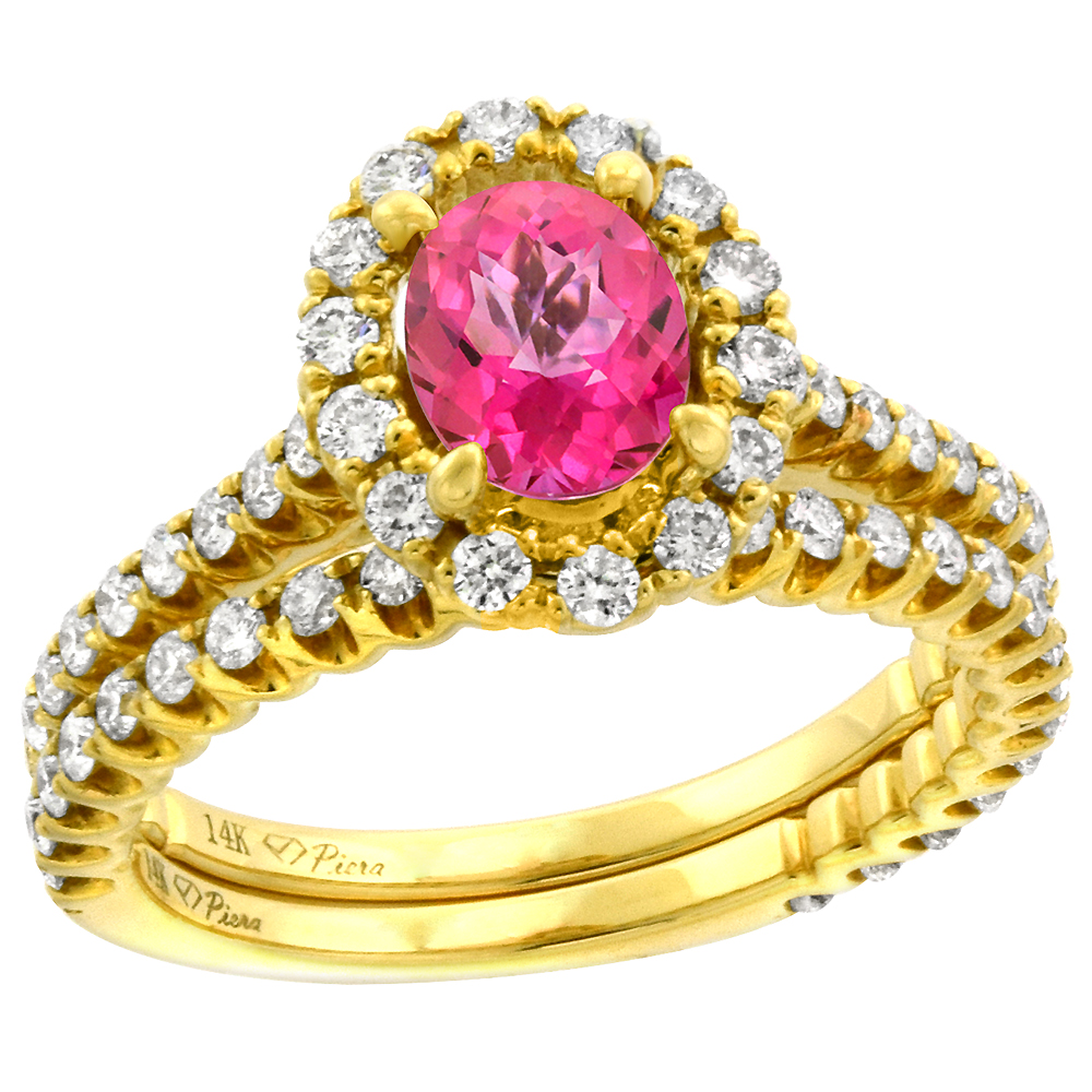 14k Yellow Gold Diamond Genuine Pink Sapphire Halo Engagement Ring Set 2 Piece Oval 7x5mm, size 5-10