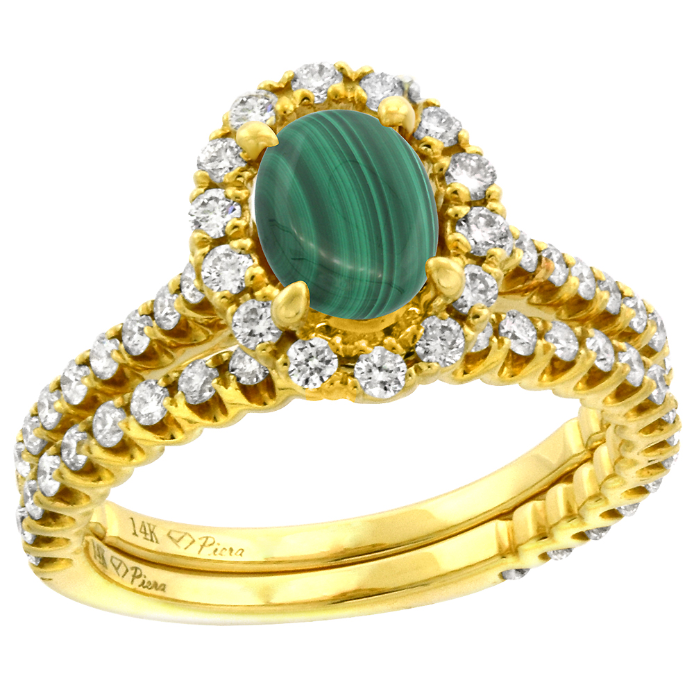 14k Yellow Gold Diamond Genuine Malachite Halo Engagement Ring Set 2 Piece Oval 7x5mm, size 5-10
