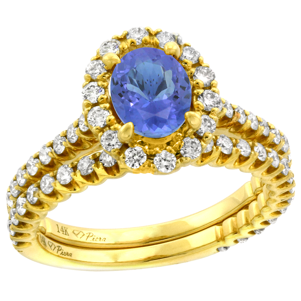 14k Yellow Gold Diamond Genuine Tanzanite Halo Engagement Ring Set 2 Piece Oval 7x5mm, size 5-10