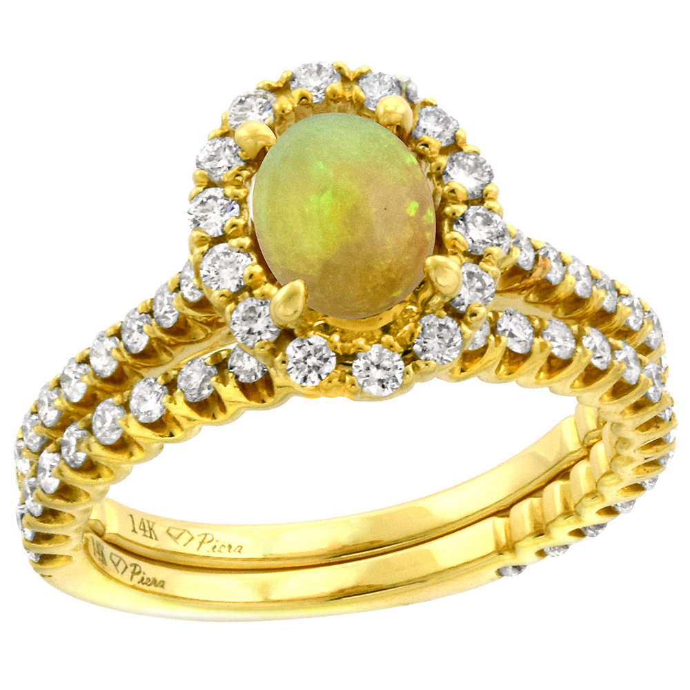 14k Yellow Gold Diamond Genuine Ethiopian Opal Halo Engagement Ring Set 2 Piece Oval 7x5mm, size 5-10