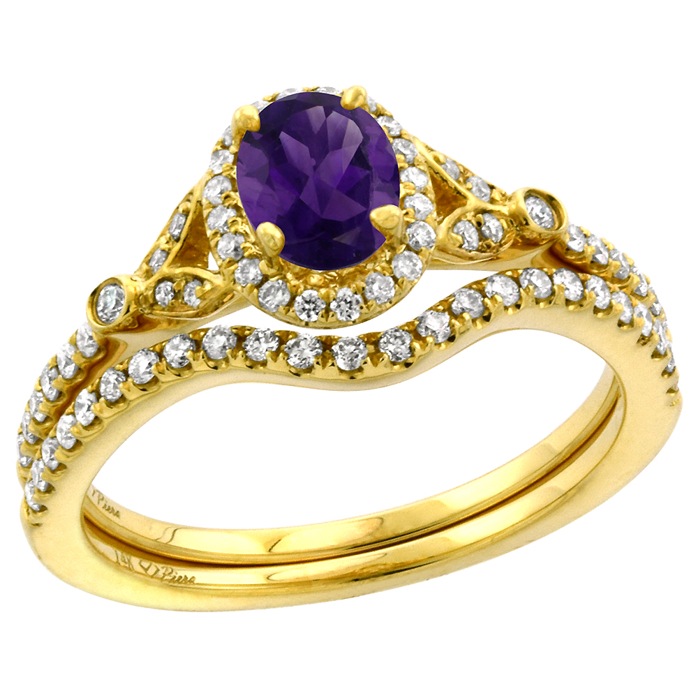 14k Yellow Gold Diamond Genuine Amethyst Halo Engagement Ring Set 2 Piece Oval 7x5mm, size 5-10