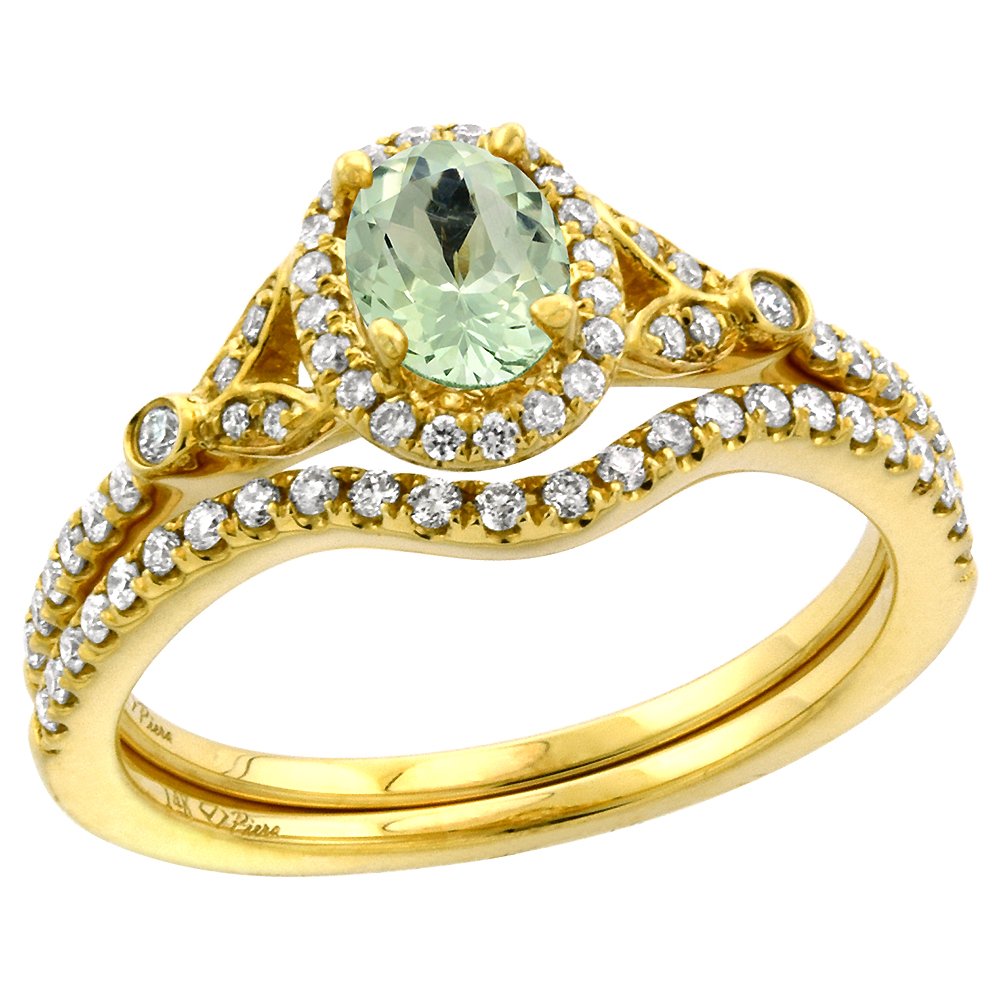 14k Yellow Gold Diamond Genuine Green Amethyst Halo Engagement Ring Set 2 Piece Oval 7x5mm, size 5-10