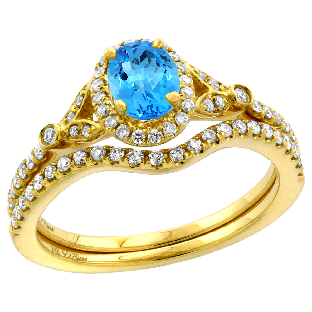14k Yellow Gold Diamond Genuine Swiss Blue Topaz Halo Engagement Ring Set 2 Piece Oval 7x5mm, size 5-10