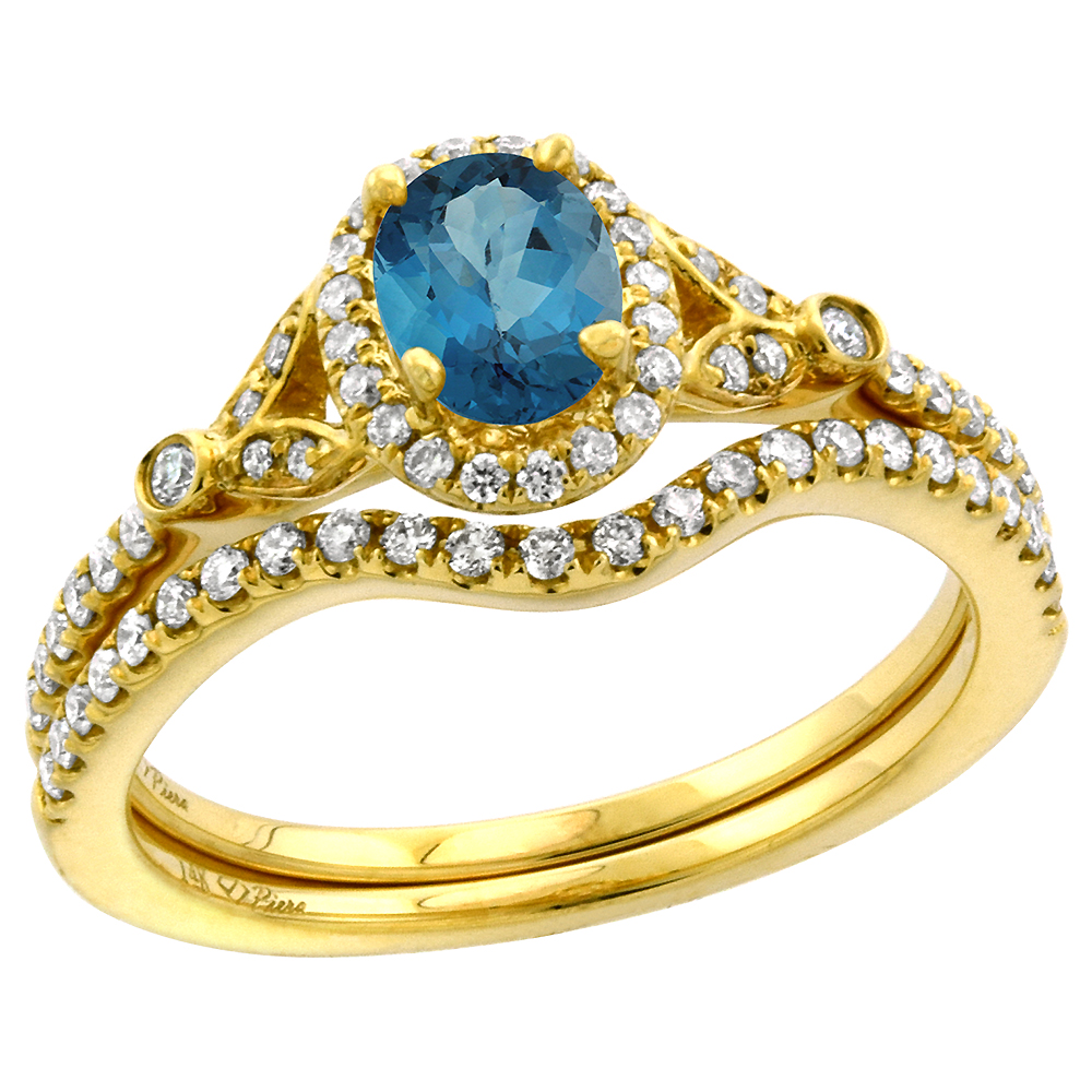 14k Yellow Gold Diamond Genuine London Blue Topaz Halo Engagement Ring Set 2 Piece Oval 7x5mm, size 5-10