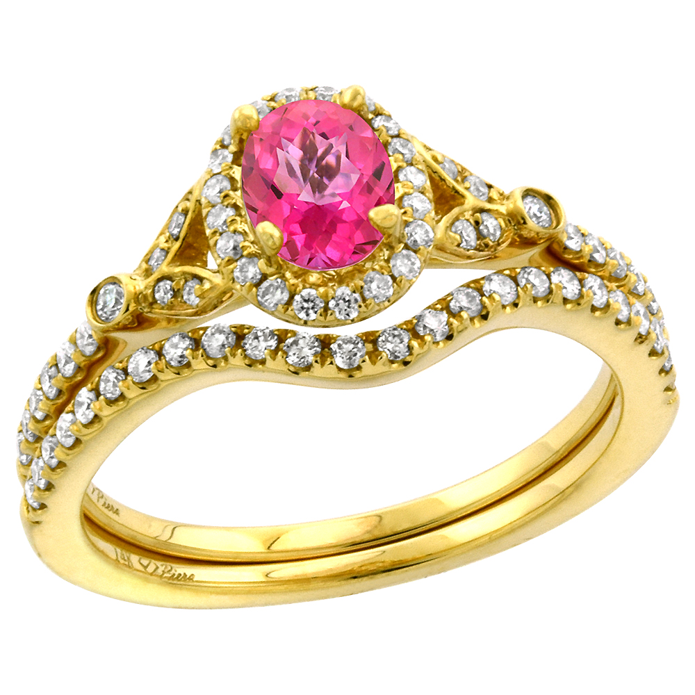 14k Yellow Gold Diamond Genuine Pink Topaz Halo Engagement Ring Set 2 Piece Oval 7x5mm, size 5-10