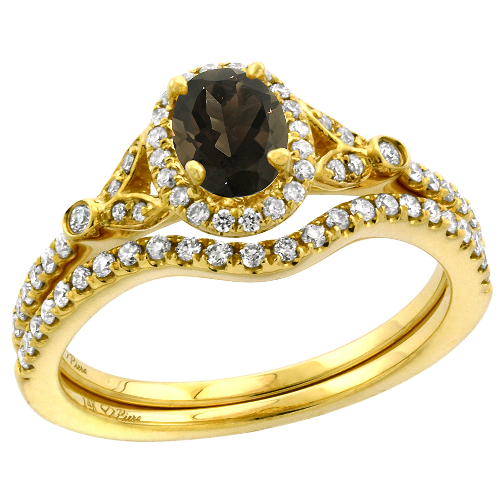 14k Yellow Gold Diamond Genuine Smoky Topaz Halo Engagement Ring Set 2 Piece Oval 7x5mm, size 5-10
