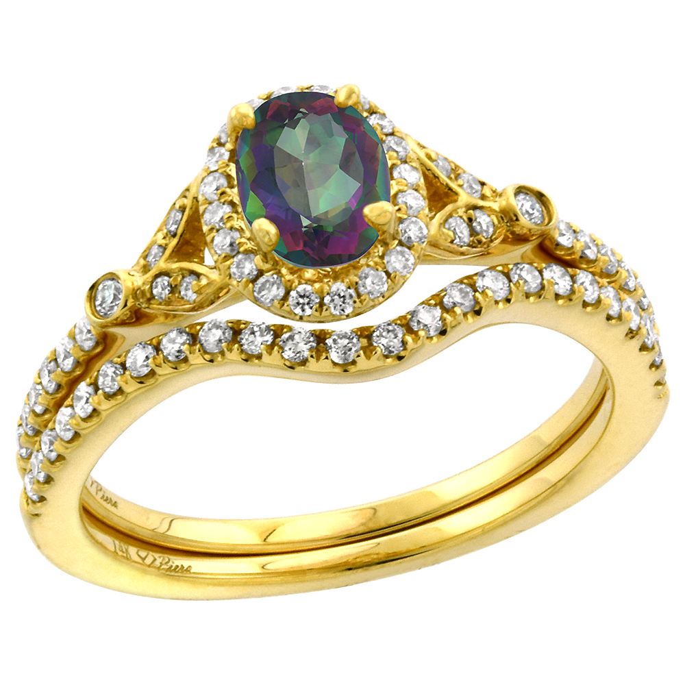 14k Yellow Gold Diamond Genuine Mystic Topaz Halo Engagement Ring Set 2 Piece Oval 7x5mm, size 5-10
