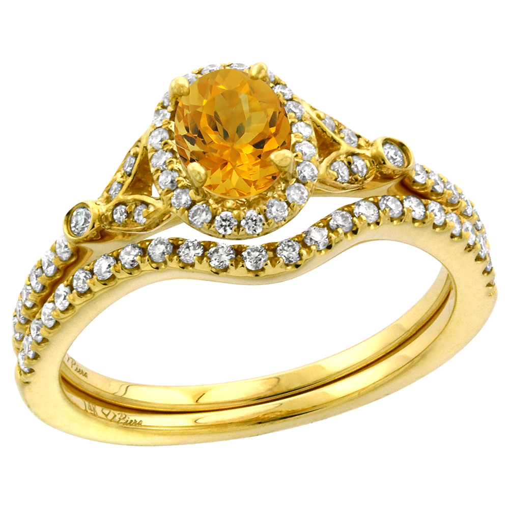 14k Yellow Gold Diamond Genuine Citrine Halo Engagement Ring Set 2 Piece Oval 7x5mm, size 5-10