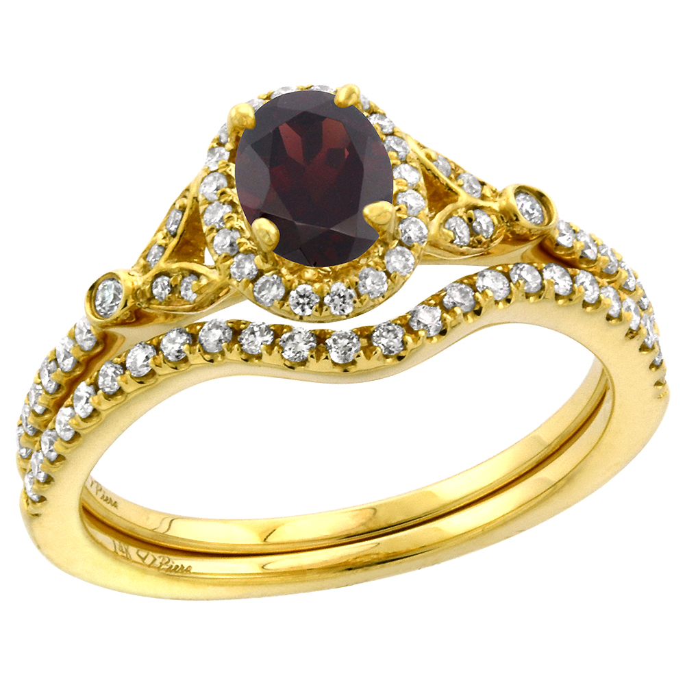 14k Yellow Gold Diamond Genuine Garnet Halo Engagement Ring Set 2 Piece Oval 7x5mm, size 5-10