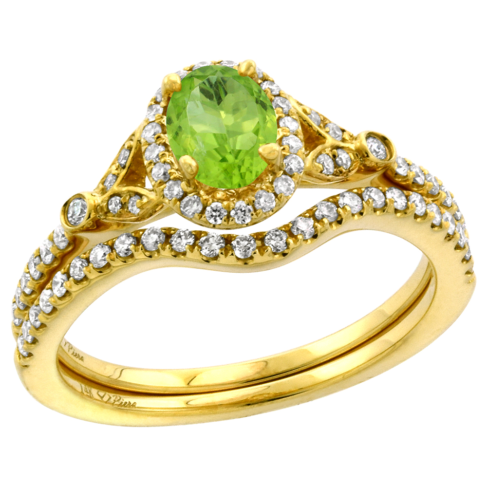 14k Yellow Gold Diamond Genuine Peridot Halo Engagement Ring Set 2 Piece Oval 7x5mm, size 5-10
