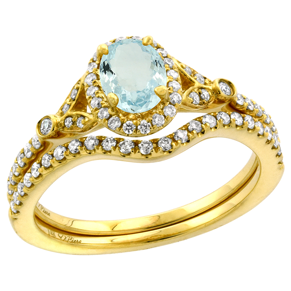 14k Yellow Gold Diamond Genuine Aquamarine Halo Engagement Ring Set 2 Piece Oval 7x5mm, size 5-10