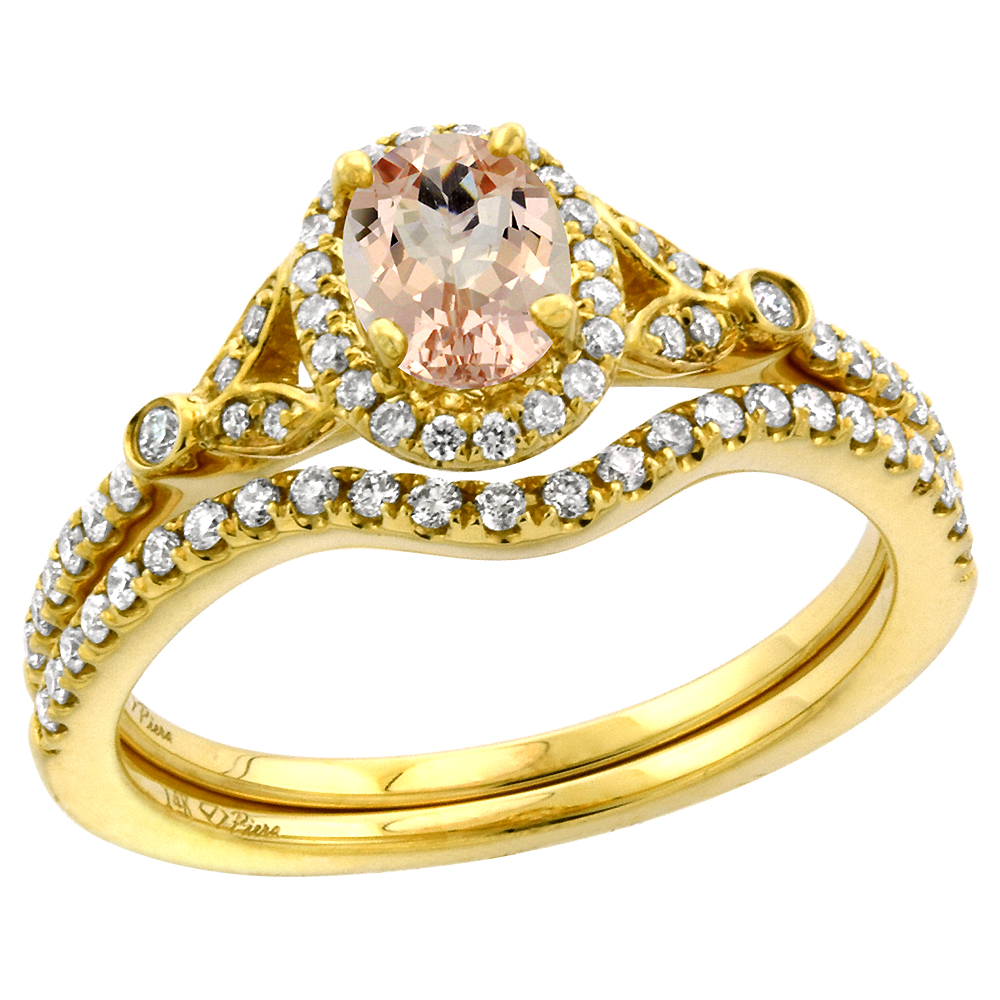 14k Yellow Gold Diamond Genuine Morganite Halo Engagement Ring Set 2 Piece Oval 7x5mm, size 5-10