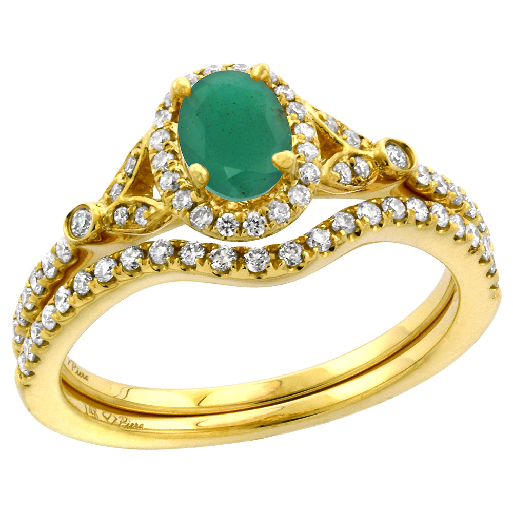 14k Yellow Gold Diamond Genuine Emerald Halo Engagement Ring Set 2 Piece Oval 7x5mm, size 5-10