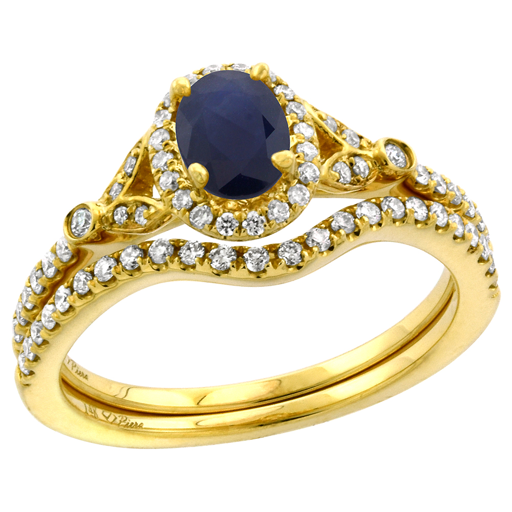 14k Yellow Gold Diamond Genuine Blue Sapphire Halo Engagement Ring Set 2 Piece Oval 7x5mm, size 5-10